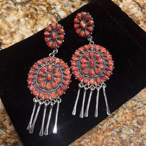 Sterling silver and red coral Navajo earrings